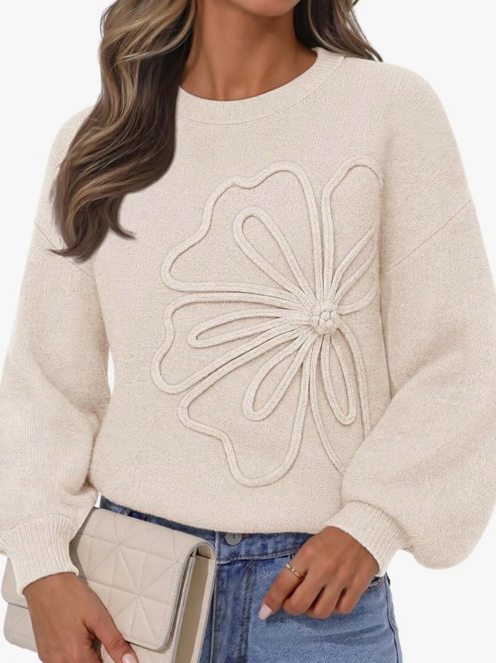 Ivory Crewneck Sweater with Raised Floral Appliqué